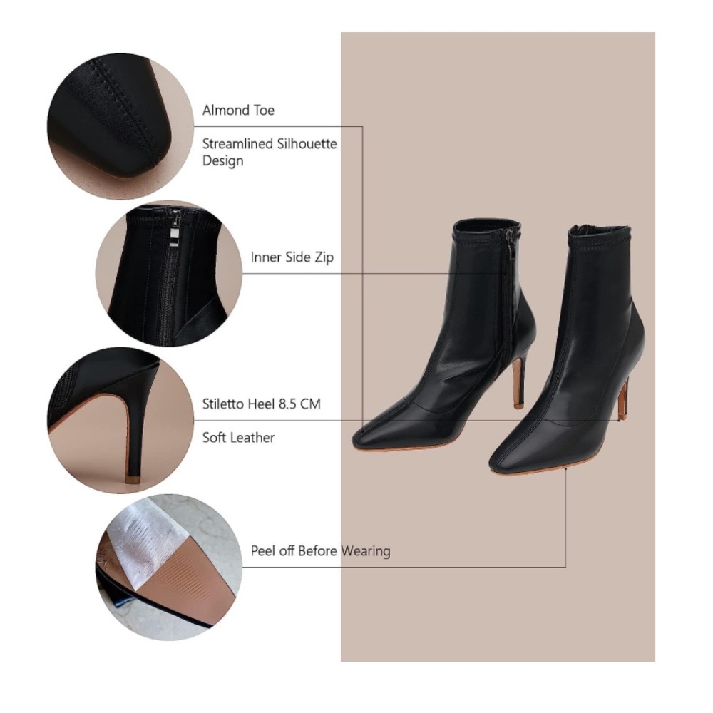 Black Leather Pointed-Toe Ankle Booties - Women's Fashion Booties - Picture 7 of 9